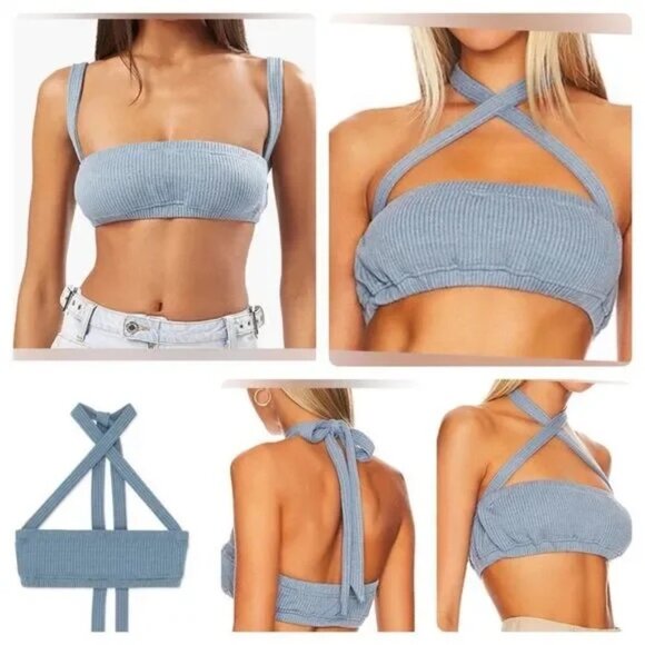 NWT | WeWoreWhat X Revolve Wide Rib Tie Halter Bra Top in Storm Blue Med - Picture 1 of 7